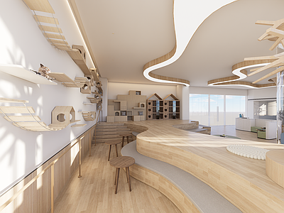 现代原木宠物店 现代简约宠物店 猫咖 下沉宠物店 撸猫区 猫爬架