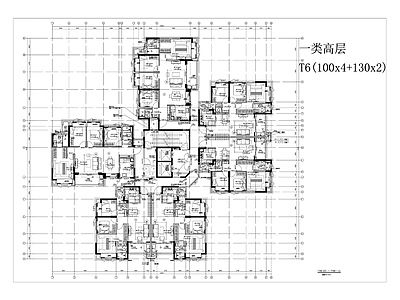 现代住宅楼建筑 一类高层T6 蝶形 100至130 施工图