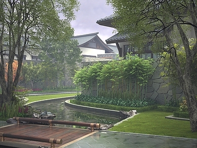 中式住宅景观 中式风格园林景观 园林植物摆放 植物组团景观