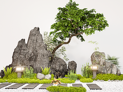 现代假山 现代景观假山石头 汀步碎石 造型树 佛甲草 花草地被植物