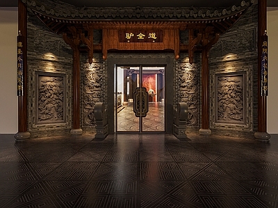 中式古建 古建门头 中式玻璃双开门 抱鼓石 浮雕壁画