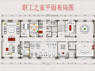 现代其他休闲娱乐空间 职工之家平面布局 职工休闲娱乐空间 含PSD彩平图 娱乐会所平面布置 健身棋牌K歌聚餐 施工图