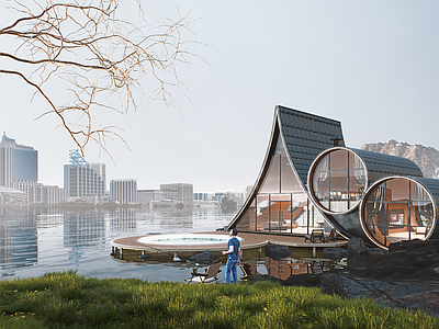 现代美式木屋 小木屋 别墅 豪宅 滨水建筑 景观小建筑