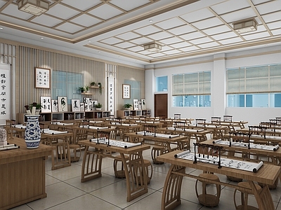 现代新中式教室 学校书法室 书法教室 书法室 中式书法教室 书画教室