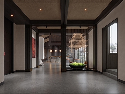新中式中餐厅 中餐厅 酒吧台 长桌 休闲桌椅 装饰画
