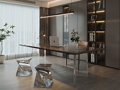 现代意式书房 卧室书房 轻奢书房 大理石书桌椅 装饰书柜 亚克力矮凳