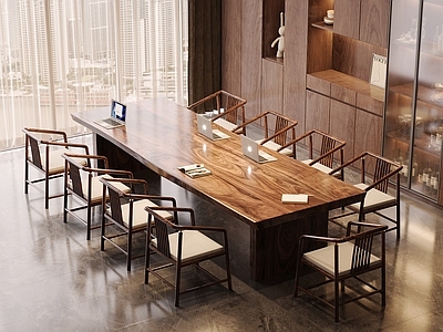 新中式中古会议室 小型会议室 实木会议桌椅 大板桌 实木单椅 实木书柜