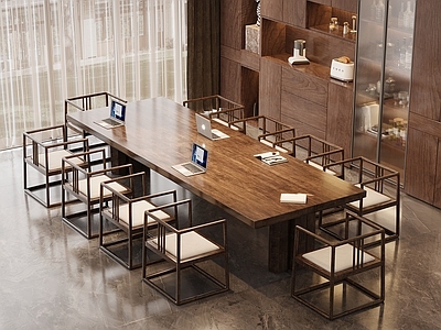 新中式中古会议室 小型会议室 实木会议桌椅 大板桌 实木单椅 实木书柜