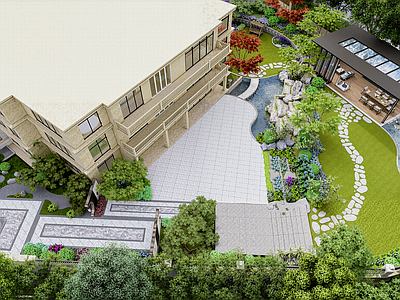 新中式中式别墅庭院 中式庭院 新中式庭院 庭院 现代庭院 庭院景观