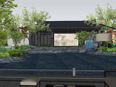 新中式中式办公景观 低配中式展示区 大门 景墙