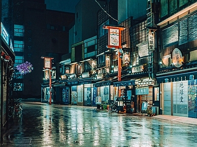 现代街道外景 商业街外景 街道夜景 街道商铺夜景