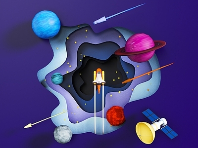 现代美陈 卡通太空场景 航天飞机 星球 卫星 太空