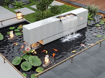 现代庭院 现代庭院景观 居家庭院 庭院水景 叠水 鱼池