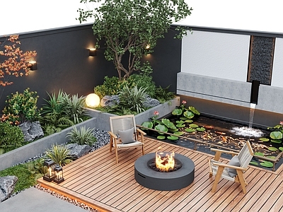 现代庭院小品 现代庭院景观 庭院小品 庭院水景 叠水 鱼池