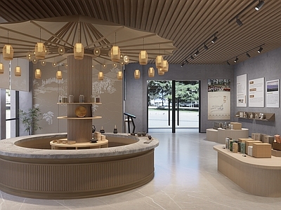 原木新中式其他文化空间 文创店 文化展厅 文创展台 接待台吧台 新中式文化展厅