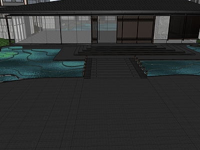 新中式现代办公景观 特色水景 中式大门 核心水景