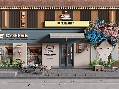 现代门头 咖啡店门头 奶茶店门头 广告灯箱 鲜花美陈 商业外摆