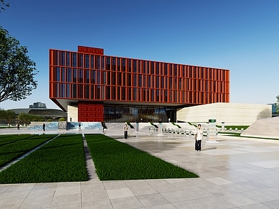 现代图书馆建筑 红色 石材 学校