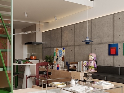 复古中古家居客厅 包豪斯客厅 loft公寓 复式 开放式厨房 多巴胺