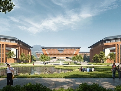 现代新中式学校建筑 学校图书馆 教学楼学校 校园设计 学校中轴建筑 红砖学校