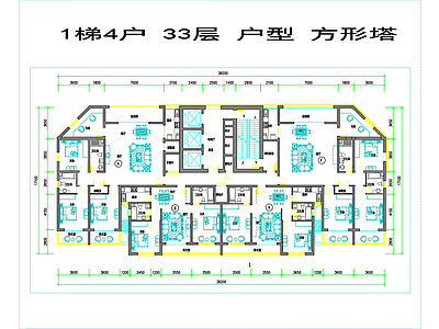 现代住宅楼建筑 1梯4户型高层 施工图