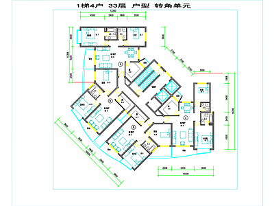 现代住宅楼建筑 1梯4户高层户型 施工图