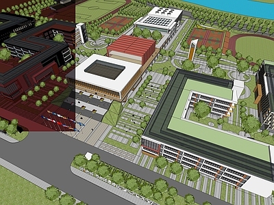 现代学校建筑 学校湖景 学校操场 教学楼学校 高中 初中
