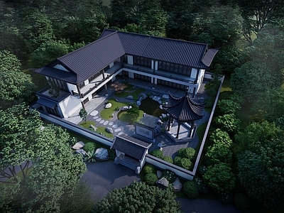 中式别墅 苏式别墅园林景观 庭院园林景观 枯山水庭院