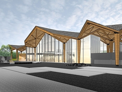现代新中式售楼处建筑 生活馆 美学馆 木构件建筑 展示中心 城市展厅