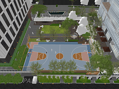 现代简约办公景观 产业园 商业街 篮球场 旋转楼梯 参数化围挡