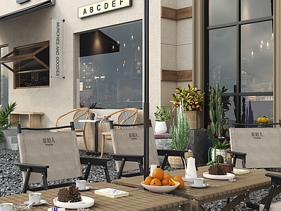 原木门头 餐饮门头 餐厅休息区 露营椅子 植物 咖啡店门头