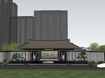 新中式办公景观 精神堡垒 停车场 中式大门 水景 转角景墙