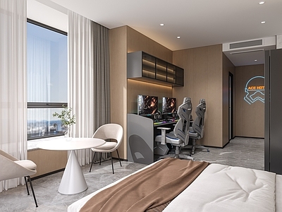 现代极简电竞房 现代极简电竞房 电竞桌电脑 电竞椅 床 休闲桌椅