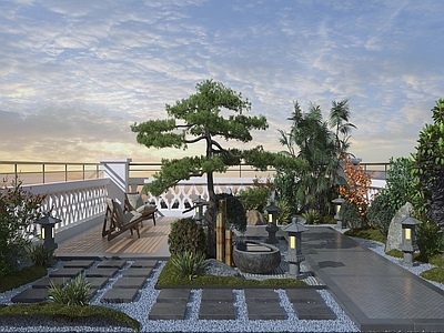 现代庭院 庭院花园 绿植灌木 树 休闲座椅
