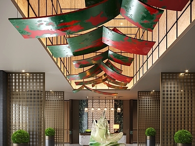 现代酒店大堂 现代酒店大厅 艺术装置 水景雕塑 吊饰装置 屏风隔断