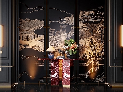 现代玄关柜 现代端景台 端景柜玄关柜 花艺盆栽 花艺摆件组合 屏风隔断