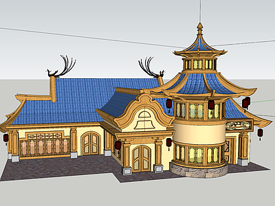 中式复古古建筑 乐园主题包装建筑