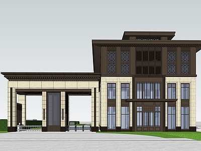 新中式小区建筑 小区售楼部及大门