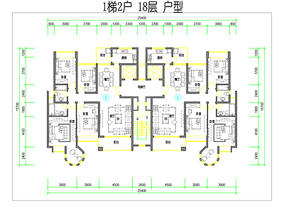 现代住宅楼建筑 1梯2户 18层 施工图