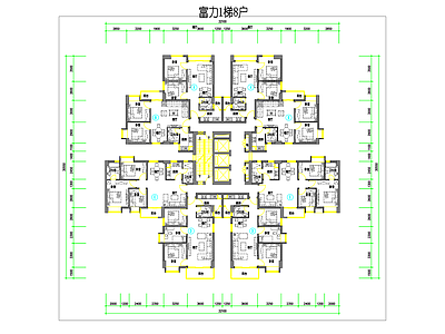 现代住宅楼建筑 富力1梯8户 施工图