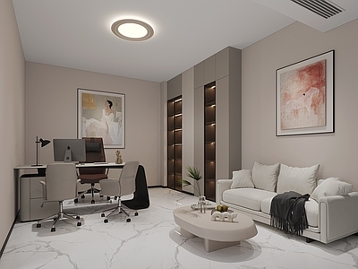 现代办公室 现代办公室 双人沙发 茶几 挂画 办公桌椅