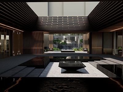 简约禅意别墅庭院 下沉庭院 庭院景墙水景 中庭休憩天井庭院