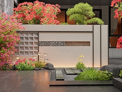 现代景墙 庭院景墙 三角梅 杜鹃花 花草植物 灌木
