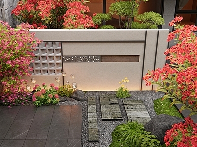 现代景墙 庭院景墙 格栅景墙 三角梅 杜鹃花 花卉植物