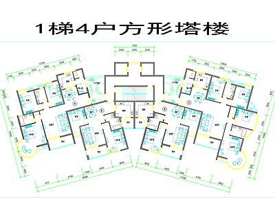 现代住宅楼建筑 1梯4户方形塔楼 施工图