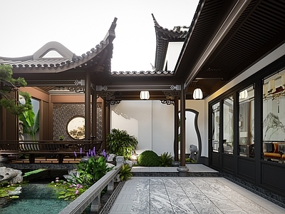 中式新中式别墅庭院 中式庭院 水榭亭