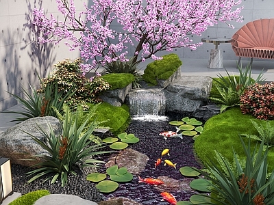 现代庭院小品 现代庭院景观小品 水景观 叠水 景观植物 鱼池