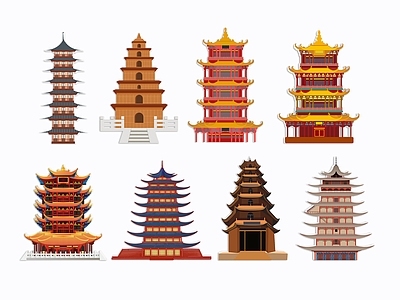 中式古建筑 宝塔 塔楼 阁楼 滕王阁 手绘插画