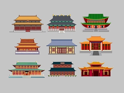 中式古建筑 宫殿 房屋 古城楼 紫禁城 手绘插画