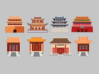 中式古建筑 宫殿 房屋 阁楼 古城楼 手绘插画